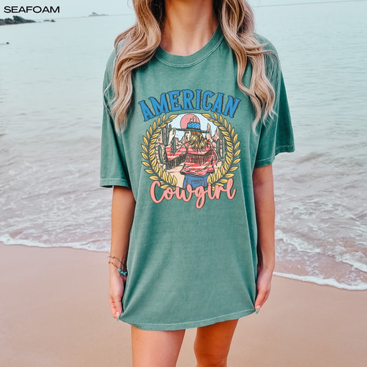 Retro American cowgirl comfort colors t-shirt, 4th of july gifts, vintage independence day shirt, cowgirl gifts, cowgirl birthday gift