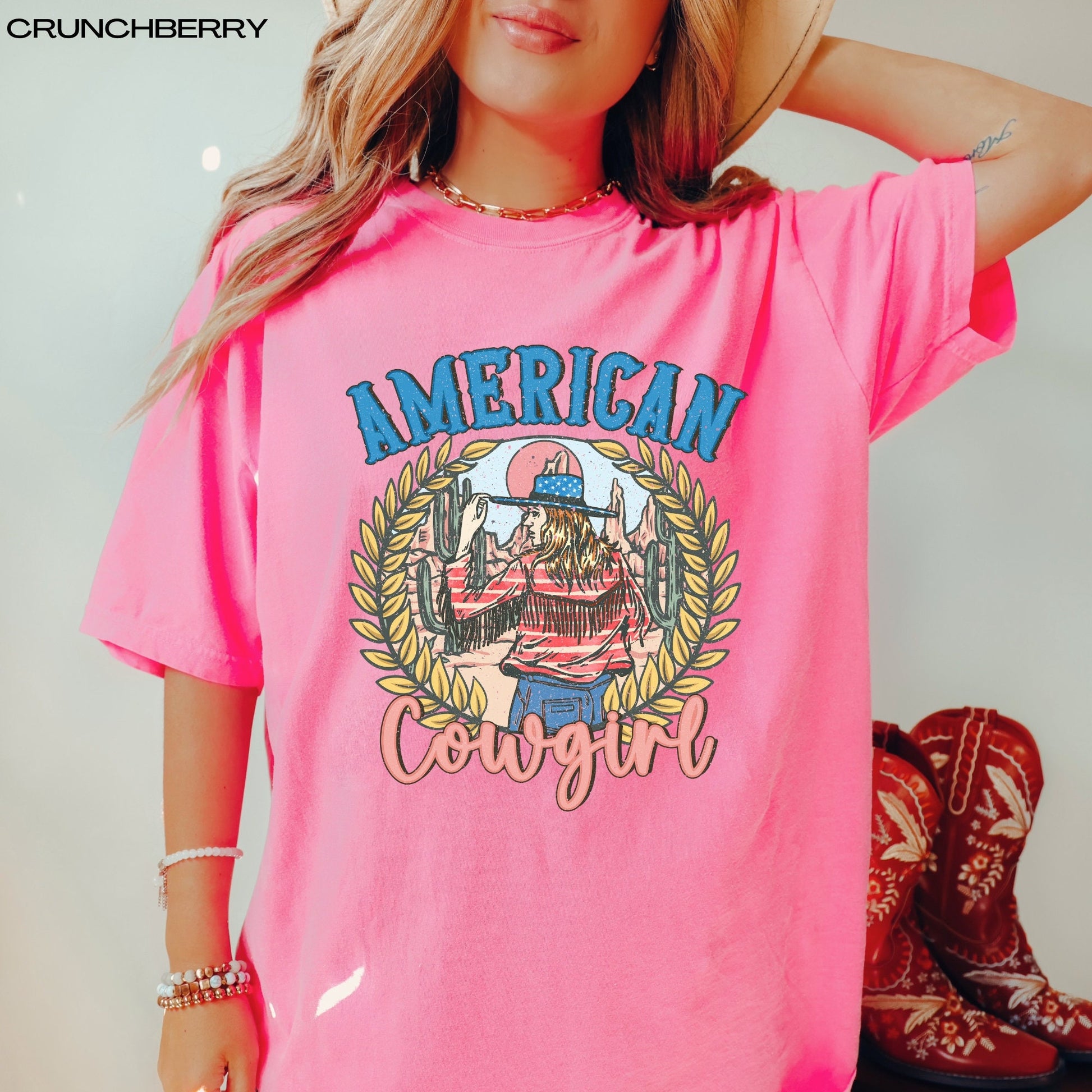 Retro American cowgirl comfort colors t-shirt, 4th of july gifts, vintage independence day shirt, cowgirl gifts, cowgirl birthday gift