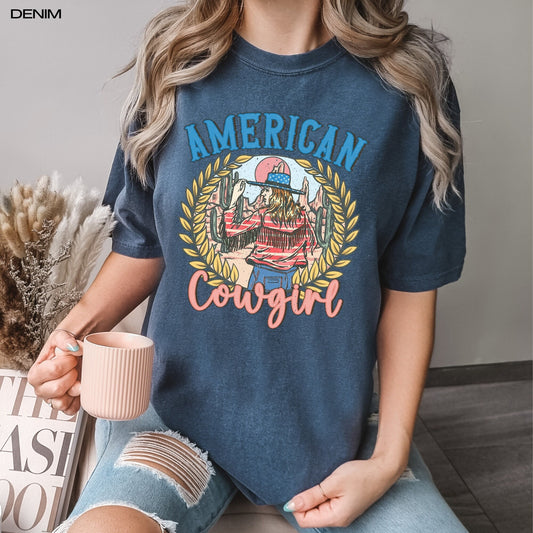 Retro American cowgirl comfort colors t-shirt, 4th of july gifts, vintage independence day shirt, cowgirl gifts, cowgirl birthday gift