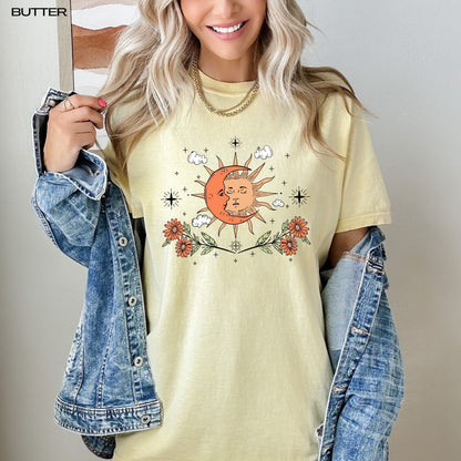 Mystical sun and moon t-shirt, comfort colors, la luna, cottagecore shirt, boho wildflowers, oversized vintage tee, floral nature shirt