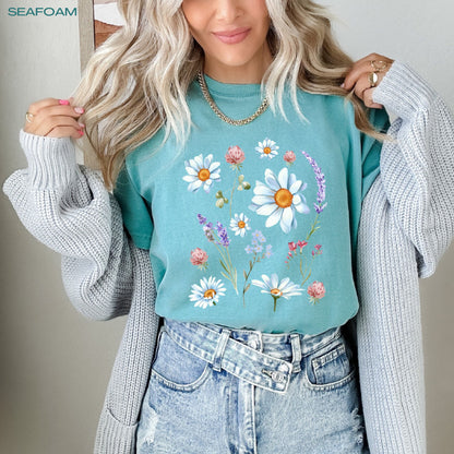 Daisy meadow shirt, comfort colors, botanical wildflower, cottagecore aesthetic, green witchy nature shirt, boho garden lover, birthday gift