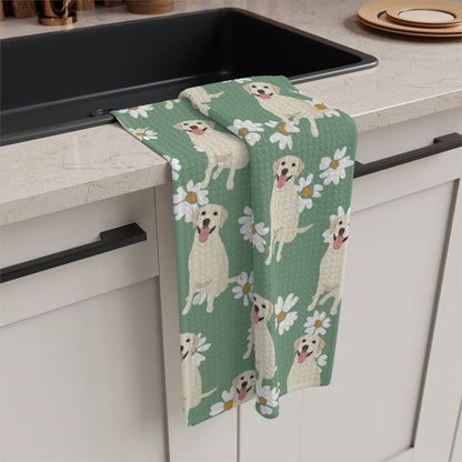 Labrador Tea Towel, green daisy flowers, yellow retriever tea towel, waffle kitchen towel, dog flour sack, housewarming gift, lab mom gift