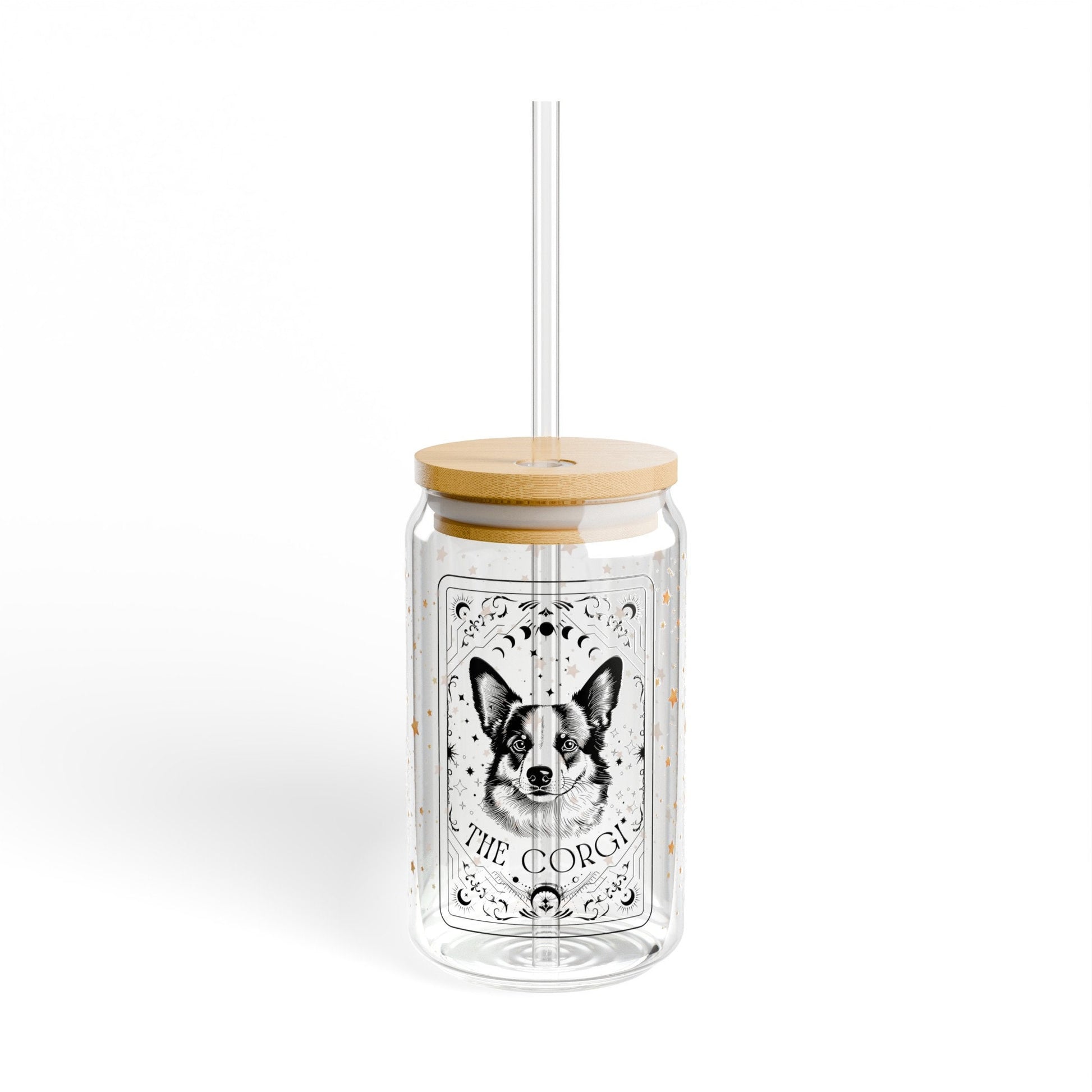 Tarot Corgi coffee glass with lid, 16oz, pembroke corgi gifts, welsh corgi mom birthday gift, mothers day gift, beer can glass, summer glass