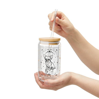 Tarot Chihuahua coffee glass with lid, 16oz, chihuahua gifts, chi mom birthday gift, mothers day gift, beer can glass, chihuahua lover mug