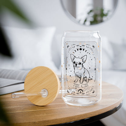 Tarot Chihuahua coffee glass with lid, 16oz, chihuahua gifts, chi mom birthday gift, mothers day gift, beer can glass, chihuahua lover mug
