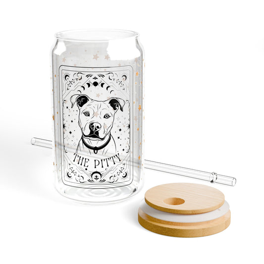 Tarot Pitbull coffee glass with lid, 16oz, pitbull gifts, pitty mom birthday gift, mothers day gift, beer glass, staffordshire bull terrier
