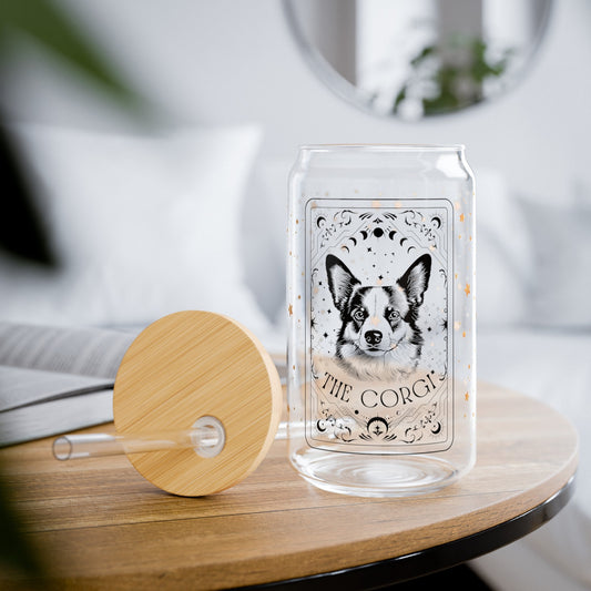 Tarot Corgi coffee glass with lid, 16oz, pembroke corgi gifts, welsh corgi mom birthday gift, mothers day gift, beer can glass, summer glass