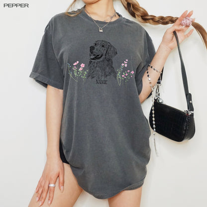 Personalized Golden retriever shirt, comfort colors t-shirt, retriever gifts, oversized shirt, sister birthday gift, flower mothers day gift