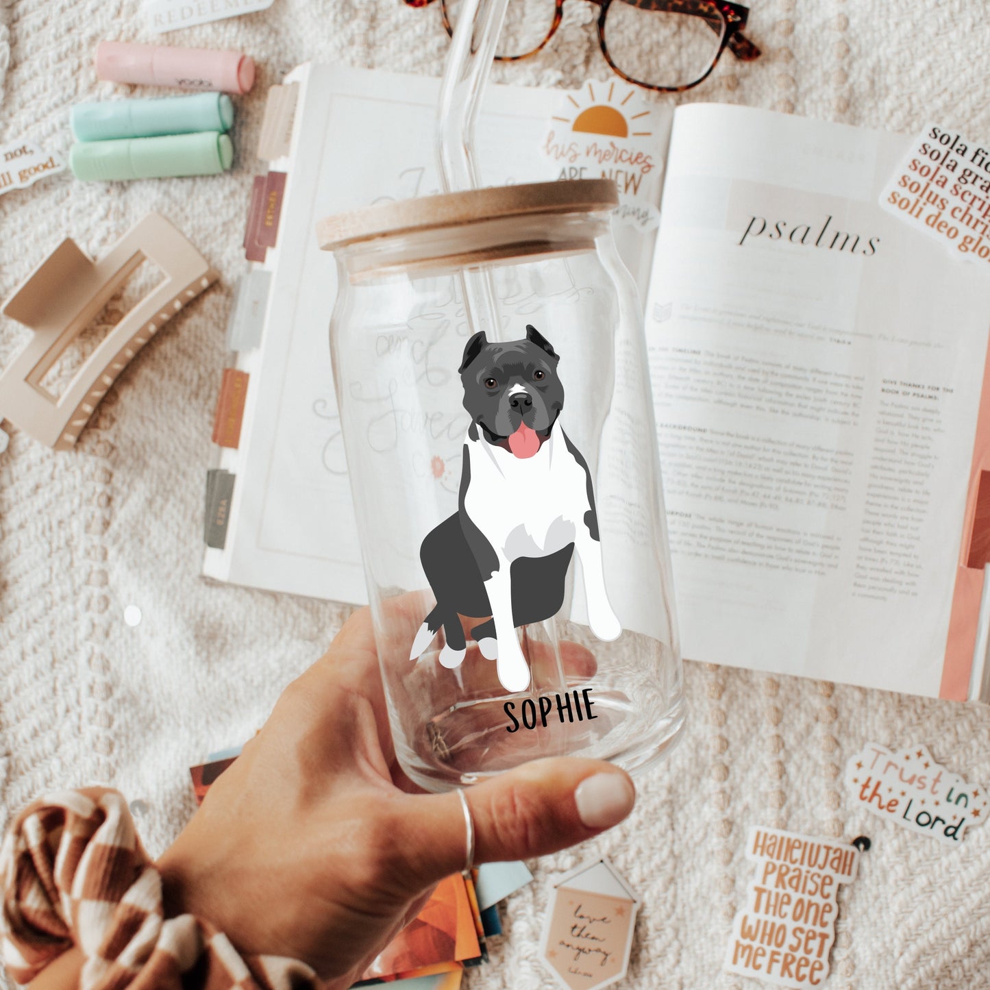 Pitbull coffee glass with lid and straw, pitbull gifts, pitty mom gift, mothers day gift, daughter birthday gift, rescue dog tumbler