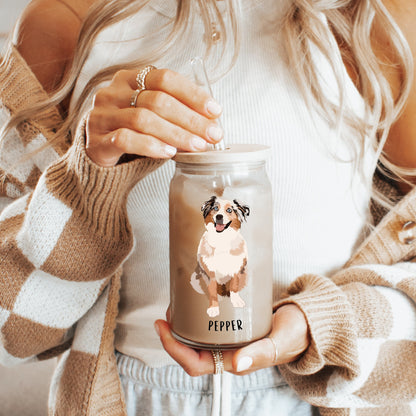 Australian Shepherd glass with lid and straw, iced coffee glass, aussie mom gifts, aussie gifts, mothers day gift, daughter birthday gift