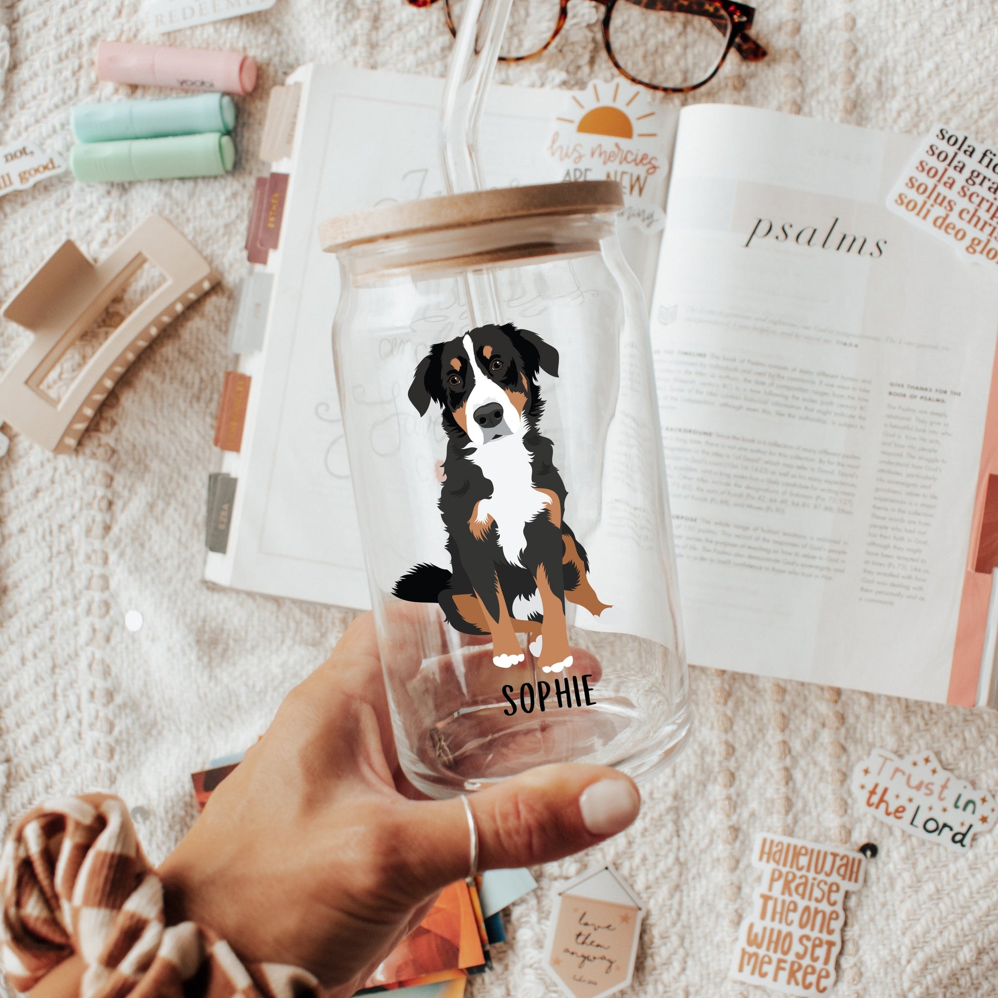 Bernese Mountain Dog Glass, iced coffee glass, dad beer glass, Bernese gift, Wife birthday gift, Bernese Christmas mug, Bernese tumbler