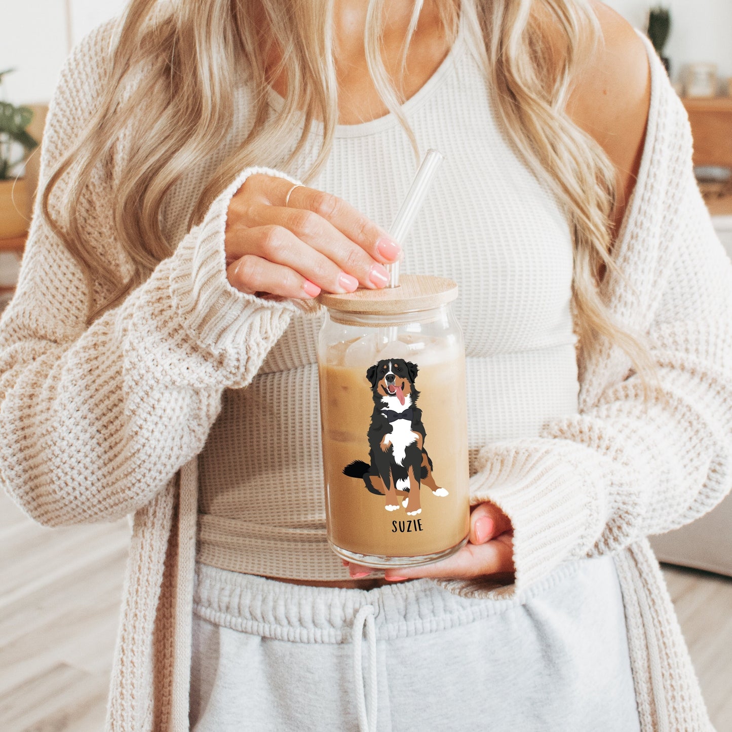 Bernese Mountain Dog Glass, iced coffee glass, dad beer glass, Bernese gift, Wife birthday gift, Bernese Christmas mug, Bernese tumbler