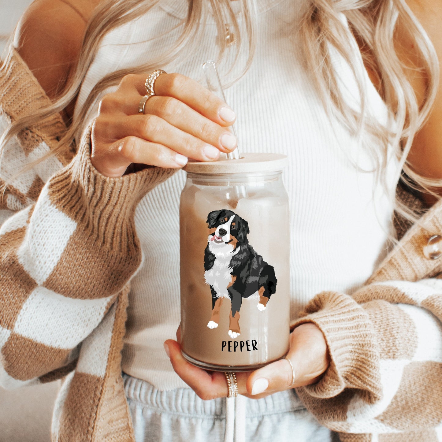Bernese Mountain Dog Glass, iced coffee glass, dad beer glass, Bernese gift, Wife birthday gift, Bernese Christmas mug, Bernese tumbler