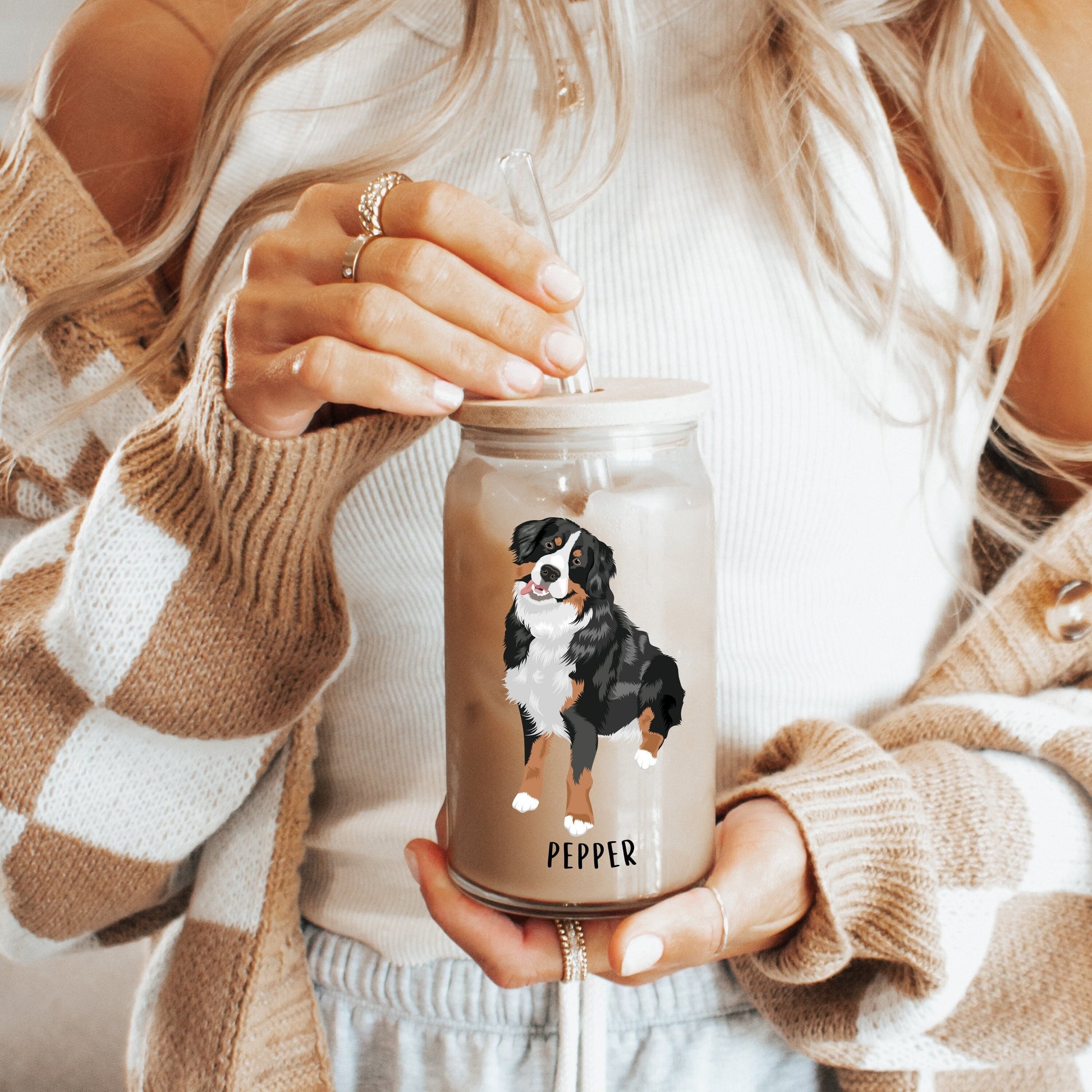 Bernese Mountain Dog Glass, iced coffee glass, dad beer glass, Bernese gift, Wife birthday gift, Bernese Christmas mug, Bernese tumbler