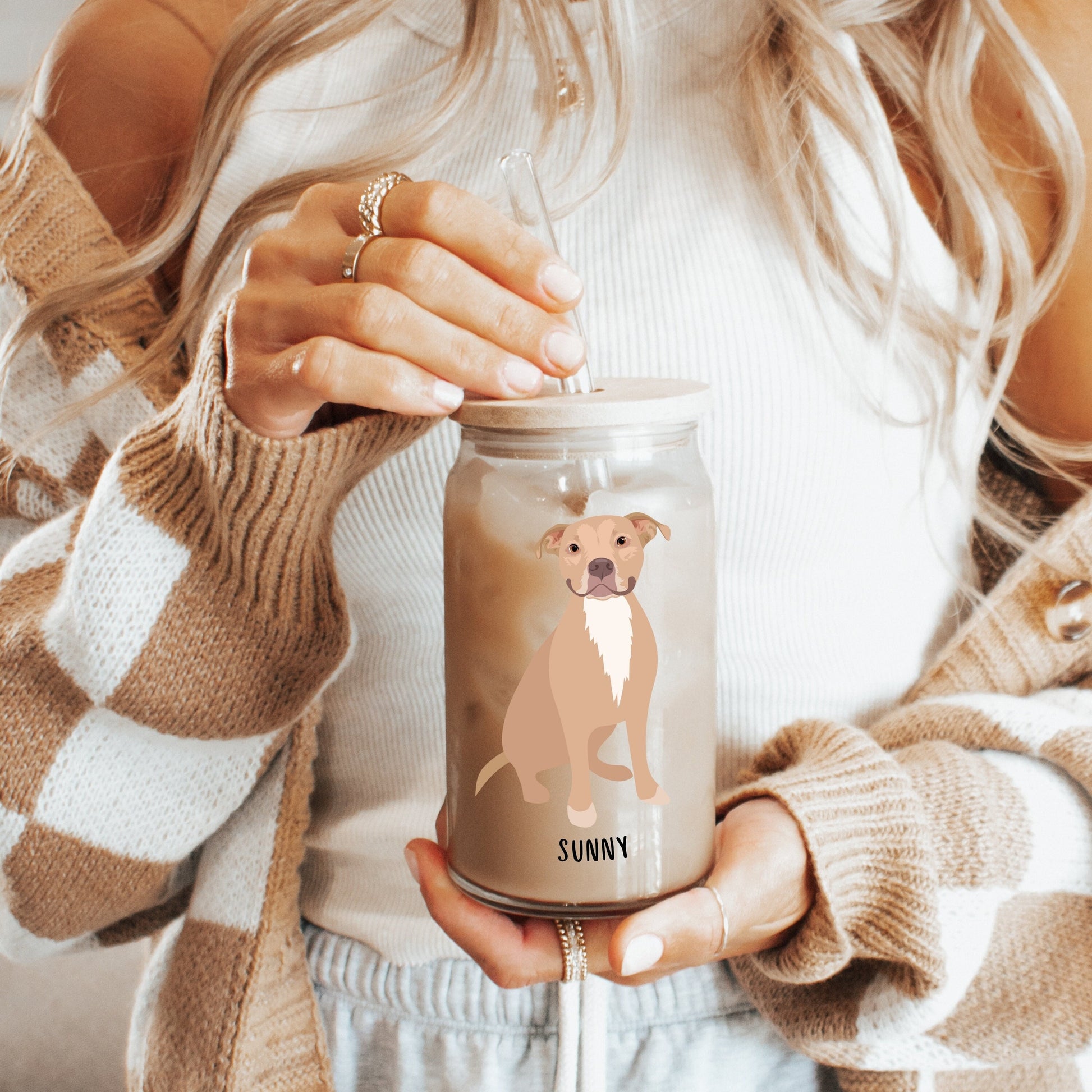 Pitbull coffee glass with lid and straw, pitbull gifts, pitty mom gift, mothers day gift, daughter birthday gift, rescue dog tumbler
