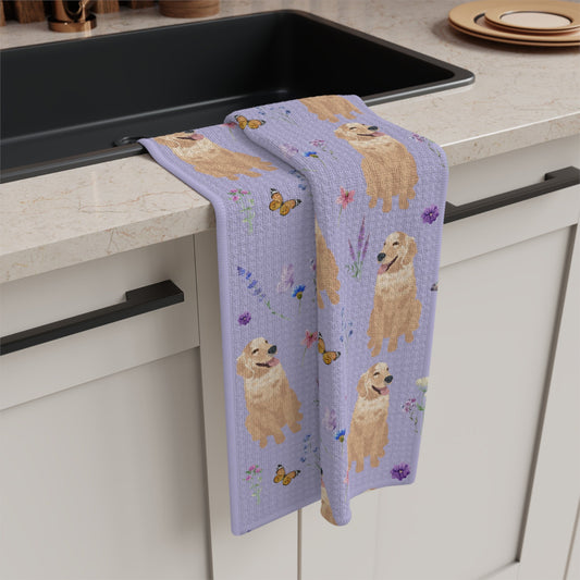 Cottagecore Golden retriever tea towel, waffle kitchen towel, dog flour sack, housewarming gift, sister birthday gift, pet memorial gift