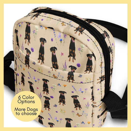 Cottagecore Doberman bag, doberman gift, dog mom crossbody bag, black bag, dog treat pouch, treat bag, lab mom bum bag, sister birthday gift