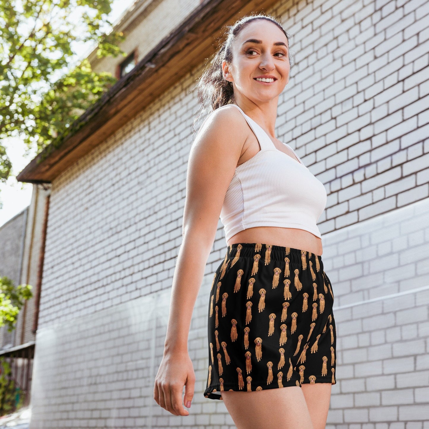 Black Golden retriever shorts, womens recycled athletic shorts