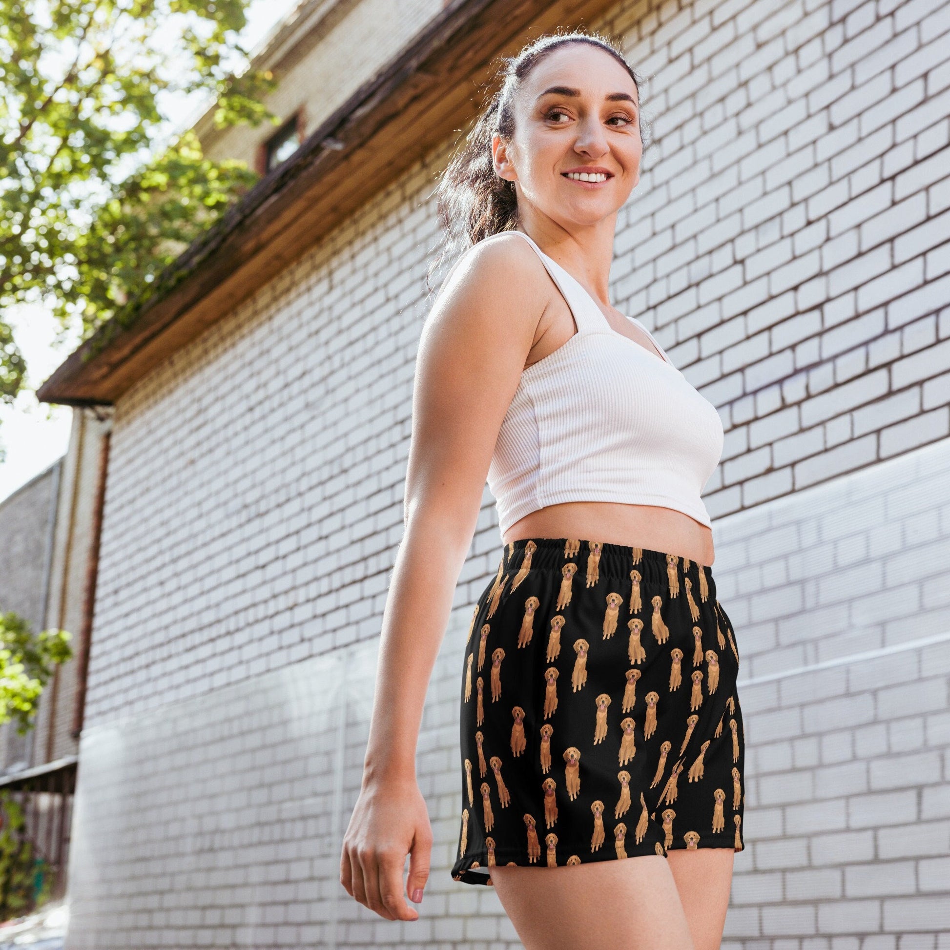 Black Golden retriever shorts, womens recycled athletic shorts