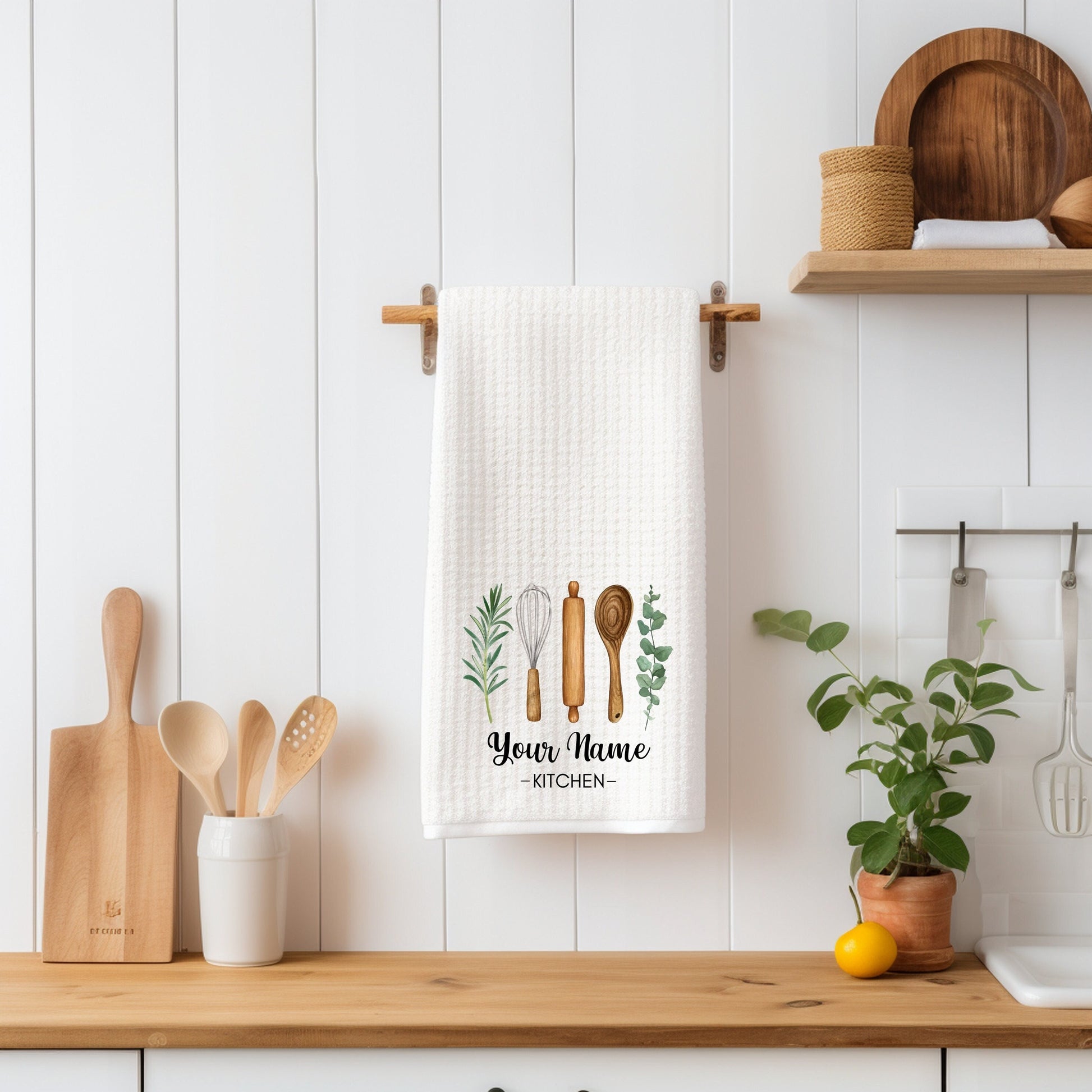 Personalized waffle tea towel in the kitchen
