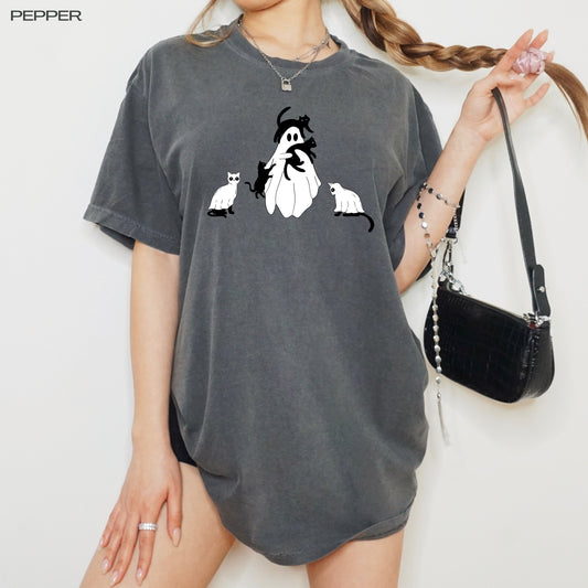 Halloween cat ghost t-shirt for spooky season