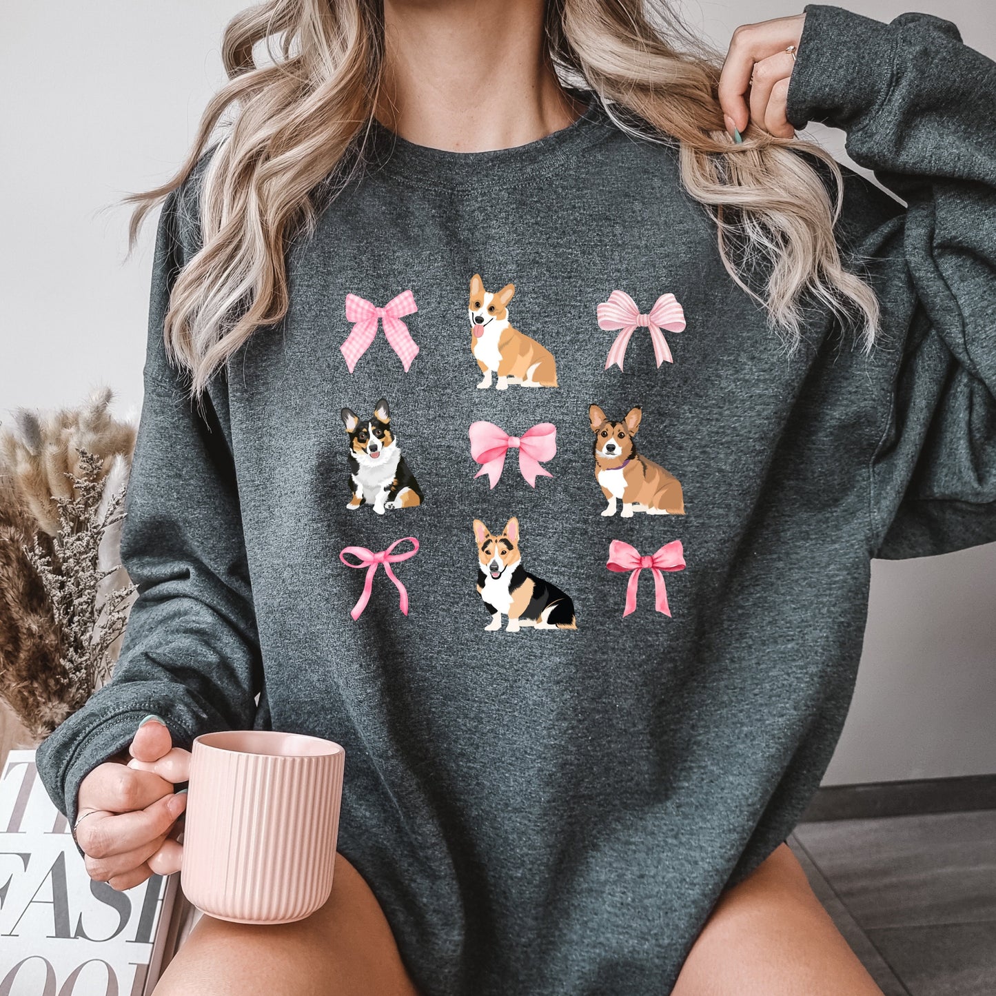 Pink bow Corgi sweatshirt, corgi gifts, wife birthday gift, fall corgi crewneck, back to school corgi, halloween corgi shirt, corgi mom