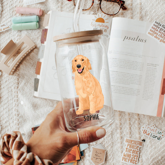 Golden retriever tumbler with lid and straw