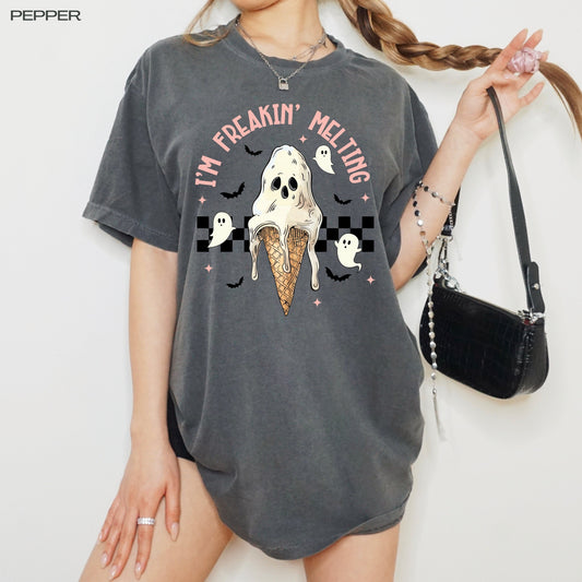 A college girl wearing a hot summer melting ice cream shirt