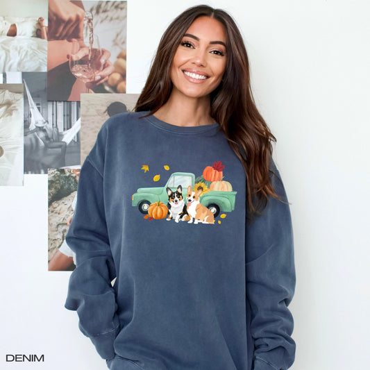 Fall Pumpkin Truck Corgi Sweatshirt, cute Halloween corgi shirt, wife birthday gift, back to school shirt, sunflower tricolor corgi gifts