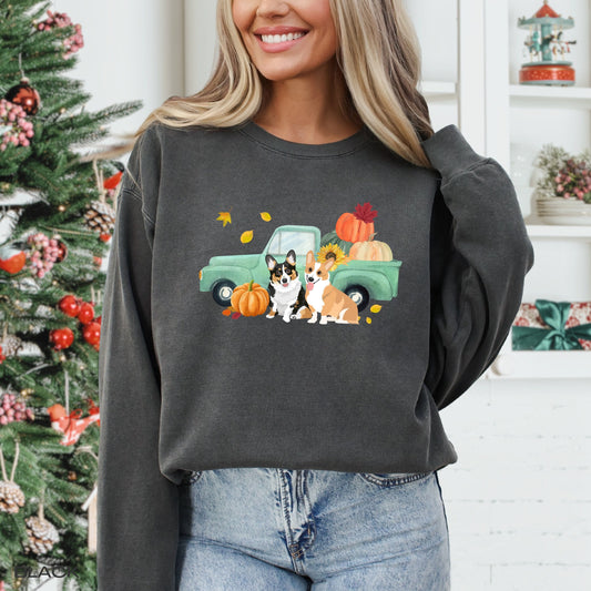 Fall Pumpkin Truck Corgi Sweatshirt comfort colors 1566 for corgi mom