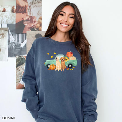Fall Pumpkin Truck Golden Retriever Sweatshirt, mama retriever gift, Halloween shirt, wife birthday gift, back to school shirt, Christmas