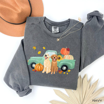 Fall Pumpkin Truck Golden Retriever Sweatshirt, mama retriever gift, Halloween shirt, wife birthday gift, back to school shirt, Christmas