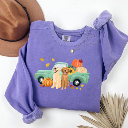 Fall Pumpkin Truck Golden Retriever Sweatshirt, mama retriever gift, Halloween shirt, wife birthday gift, back to school shirt, Christmas