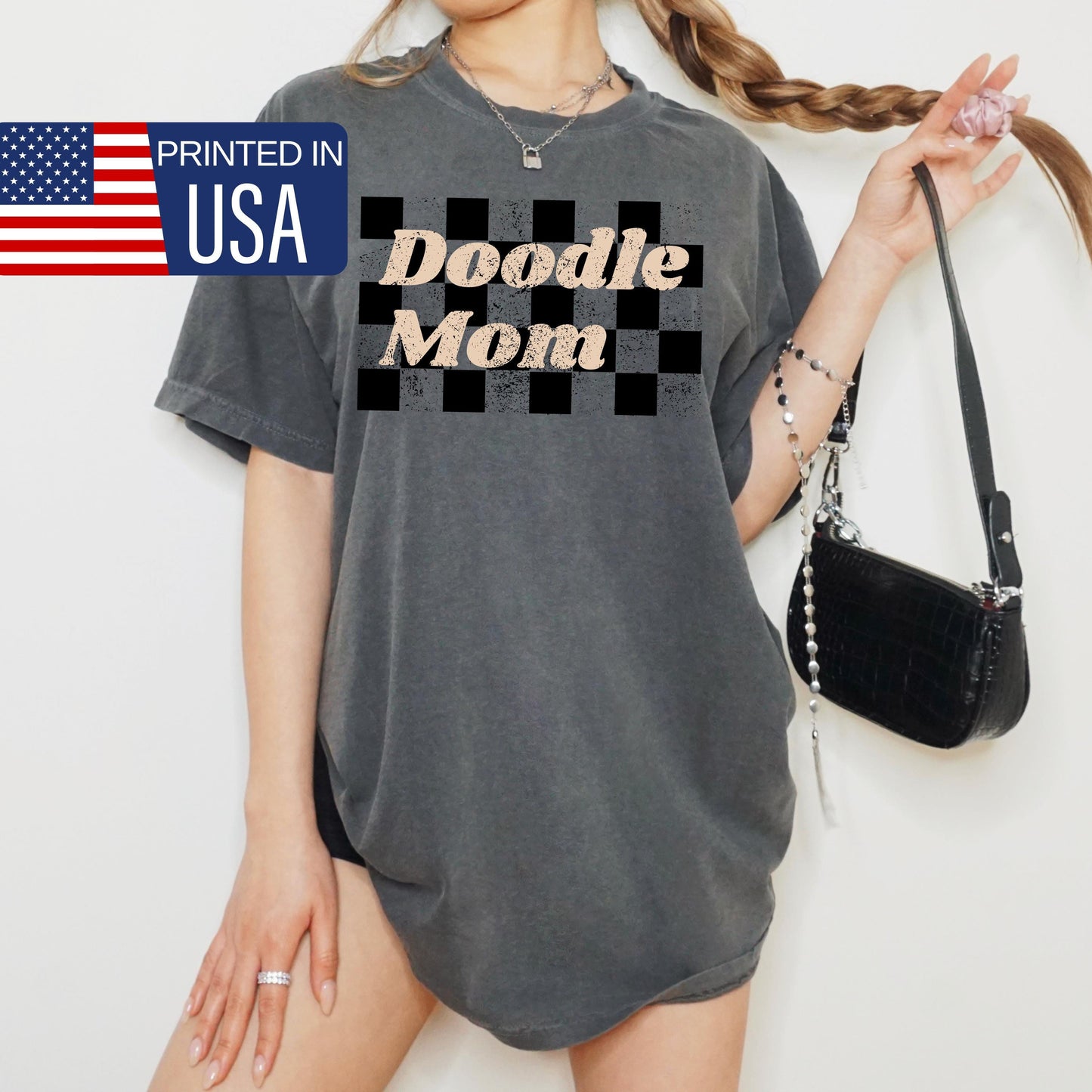 Retro Checkered Doodle Mom Shirt, dog mom comfort colors® tshirt, golden doodle gifts, motherhood t-shirt, doodle grandma tee