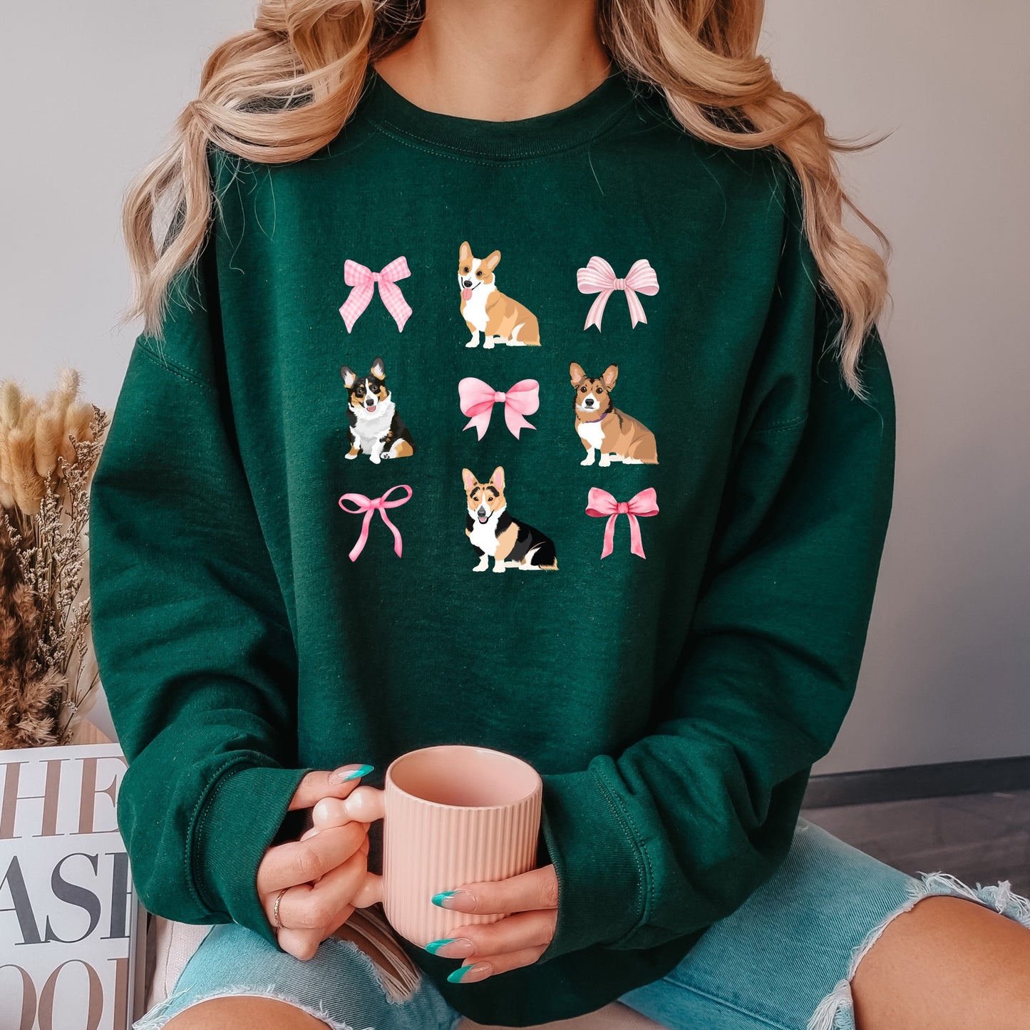 Pink bow Corgi sweatshirt, corgi gifts, wife birthday gift, fall corgi crewneck, back to school corgi, halloween corgi shirt, corgi mom