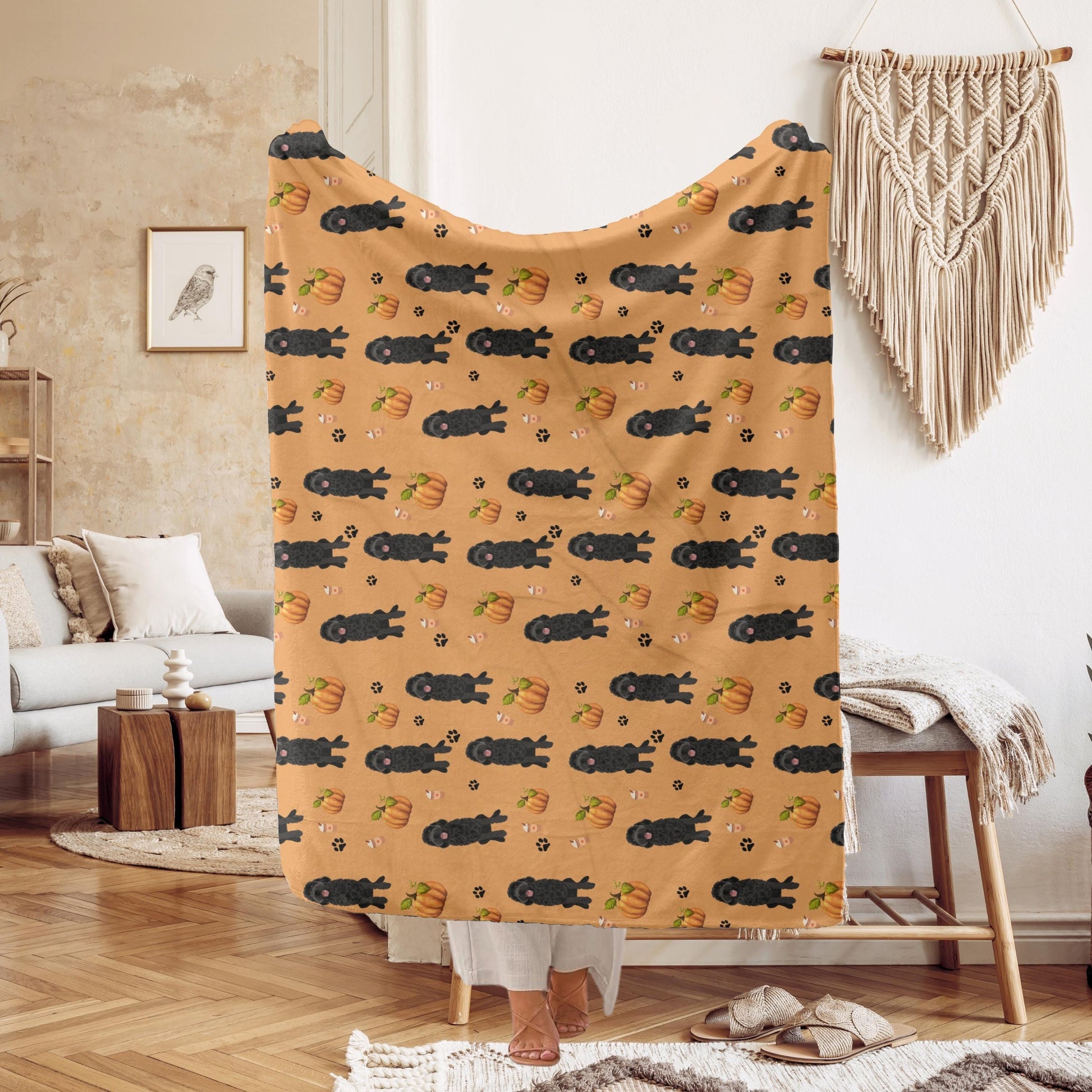 Pumpkin Fall Black Doodle Blanket, Halloween doodle gifts, wife birthday gift, living room couch throw, golden doodle throw home decor