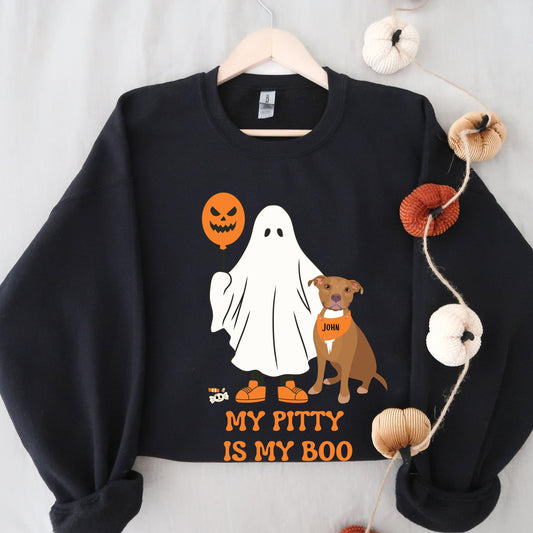 My Pitty Is My Boo Halloween Ghost Sweatshirt, spooky vibes ghost dog shirt, Christmas pitbull gift, fall Pit Bull mama, wife birthday gift