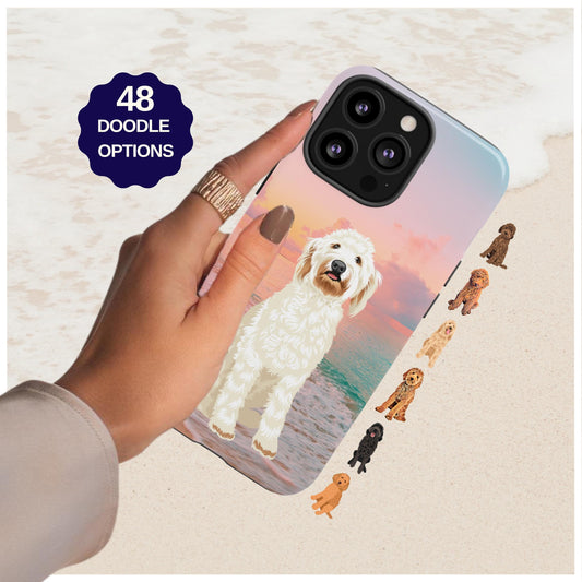 Pink Beach Sunset Goldendoodle Phone Case, dog mom phone cover, doodle Gifts, Ocean Phone Case, Christmas doodle gifts, doodle mom accesorie