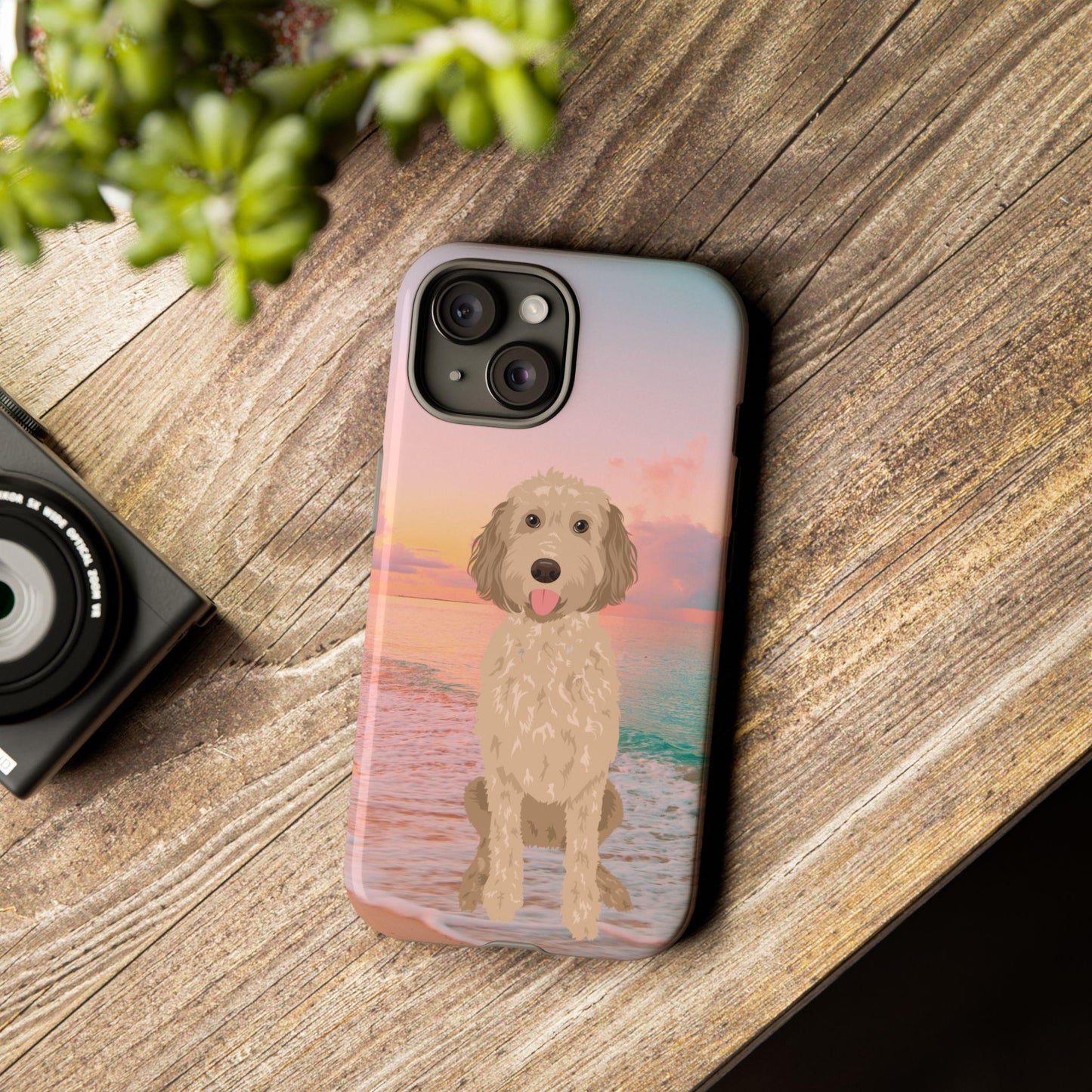 Pink Beach Sunset Goldendoodle Phone Case, dog mom phone cover, doodle Gifts, Ocean Phone Case, Christmas doodle gifts, doodle mom accesorie