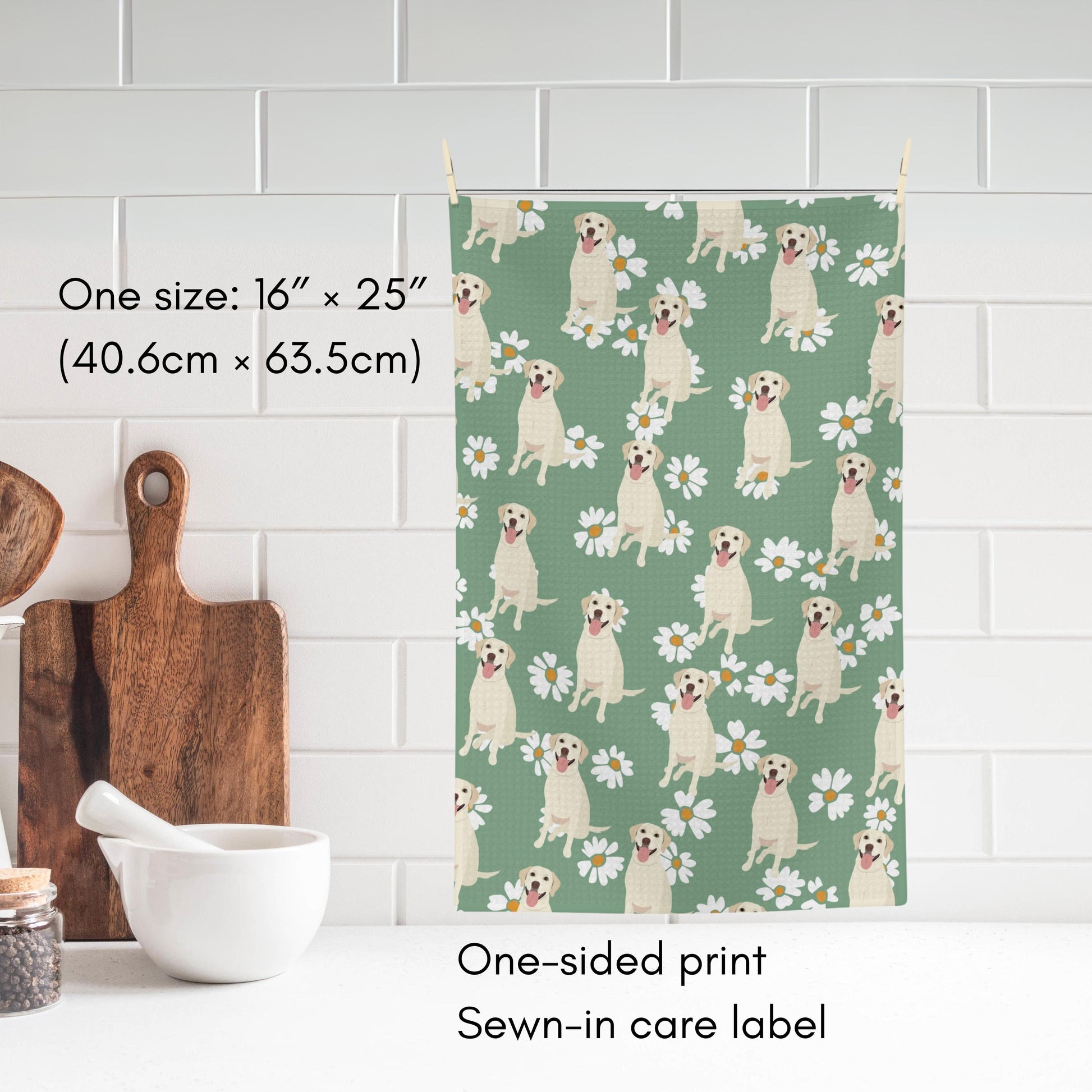 Labrador Tea Towel, green daisy flowers, yellow retriever tea towel, waffle kitchen towel, dog flour sack, housewarming gift, lab mom gift