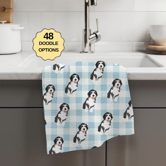 Blue plaid Bernedoodle kitchen flour sack tea towel
