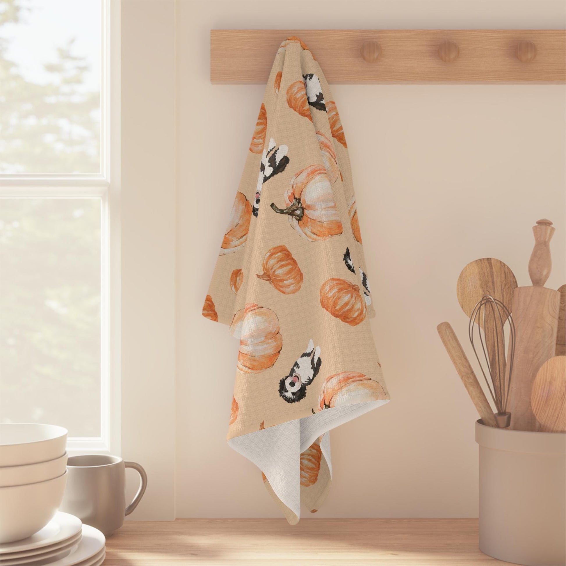 Pumpkin Golden Doodle Tea Towel, Christmas tea towel, waffle kitchen flour sack, housewarming gift, doodle gifts, fall goldendoodle decor