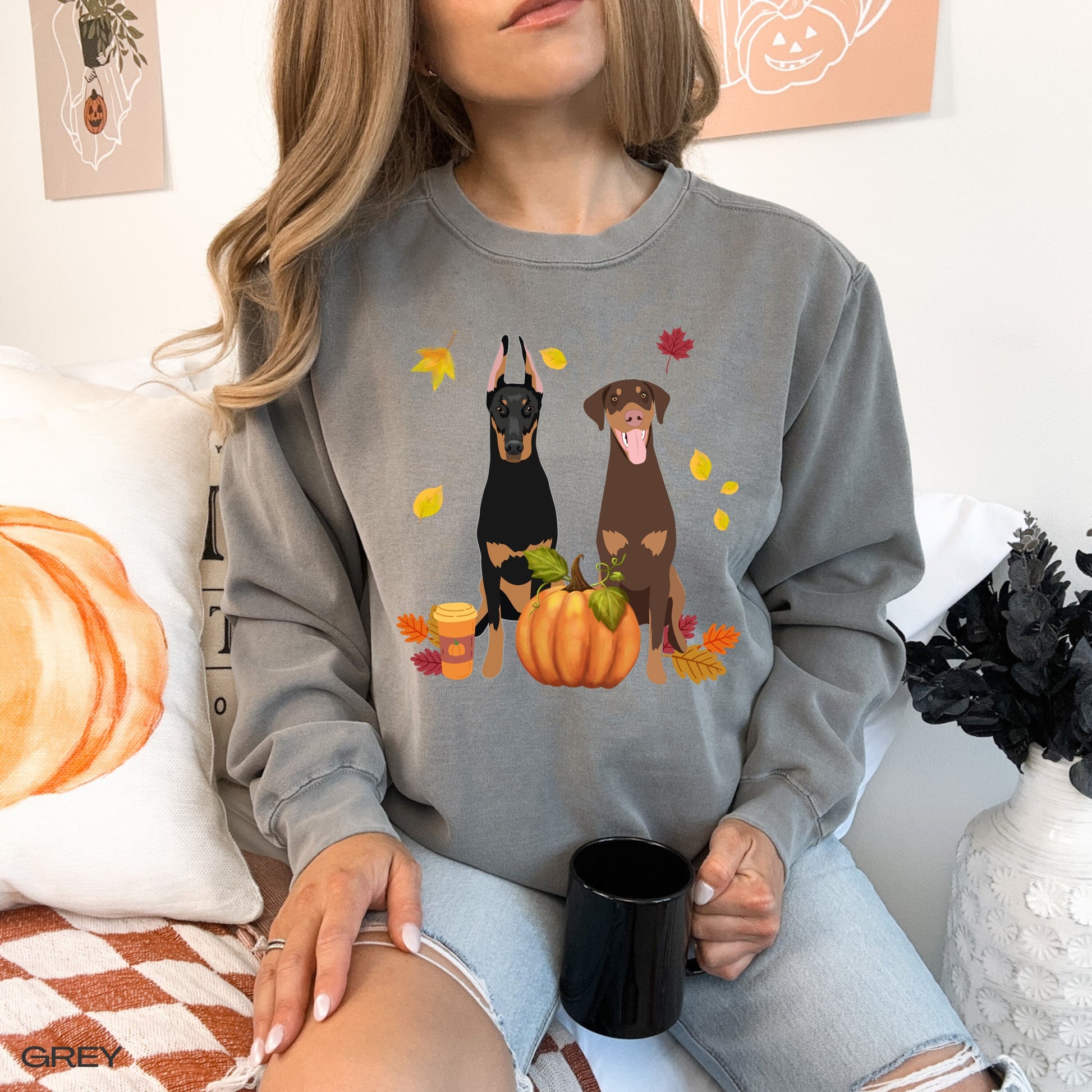 Fall Doberman Pumpkin sweatshirt, mom doberman gifts, spooky Halloween shirt, wife birthday gift, cottagecore, Christmas dobbie crewneck