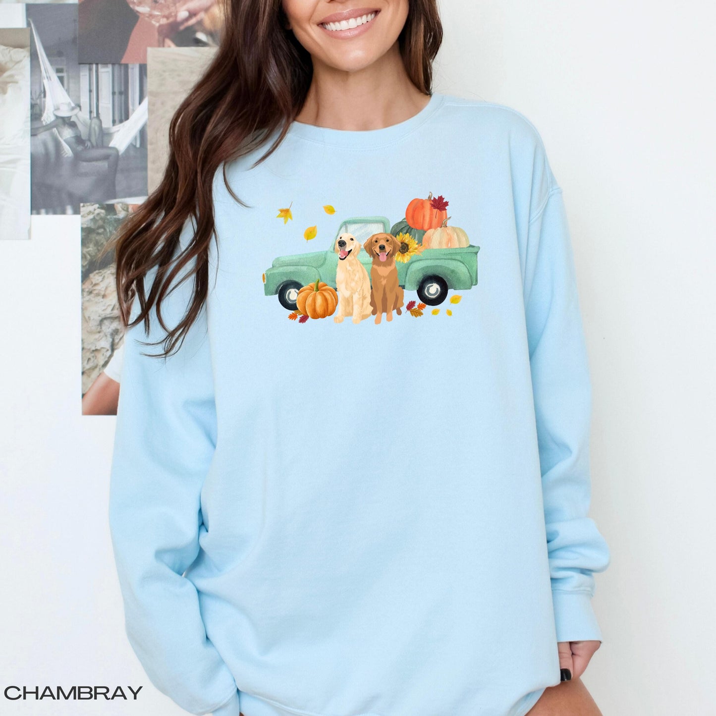 Fall Pumpkin Truck Golden Retriever Sweatshirt, mama retriever gift, Halloween shirt, wife birthday gift, back to school shirt, Christmas