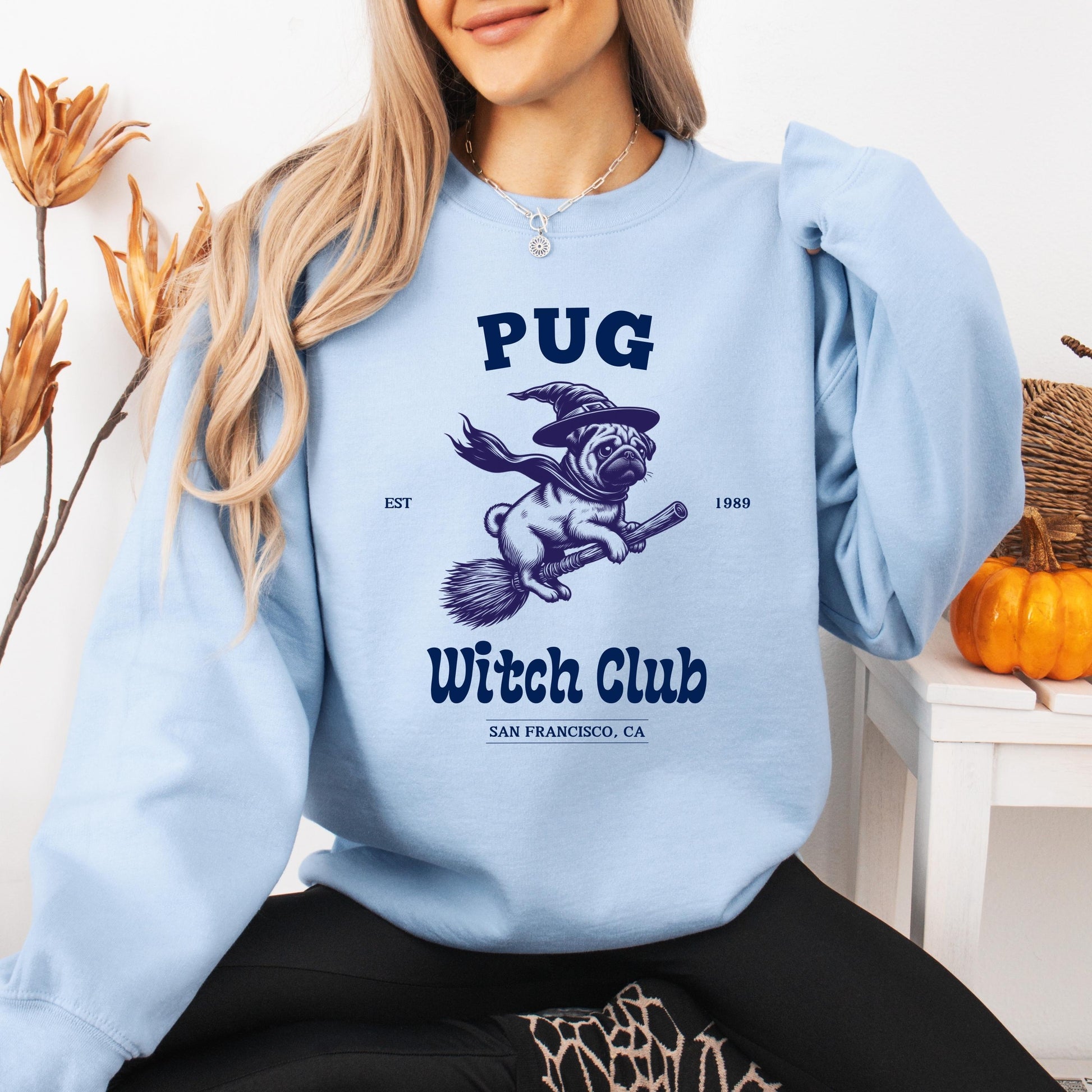 Halloween Pug Witch Club Sweatshirt, pug gifts, pug mama sweater, pug ghost dog crewneck, y2k trends, my dog is my boo, retro spooky sweater