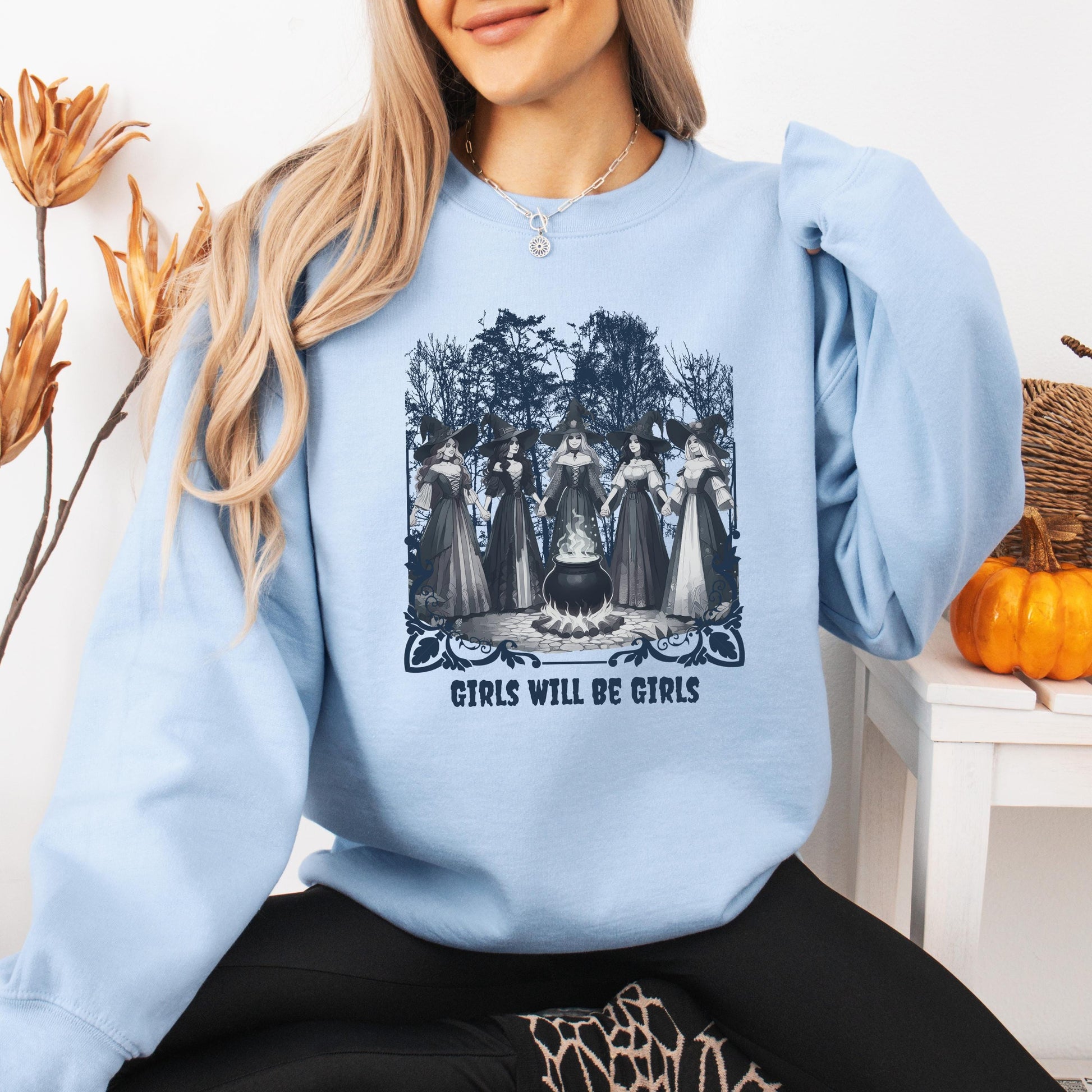 Halloween Girls Will Be Girls Witchy Feminist Sweatshirt, Women Mystic Shirt, bff crewneck, Feminist Witch Shirt, Halloween Gift For Friend