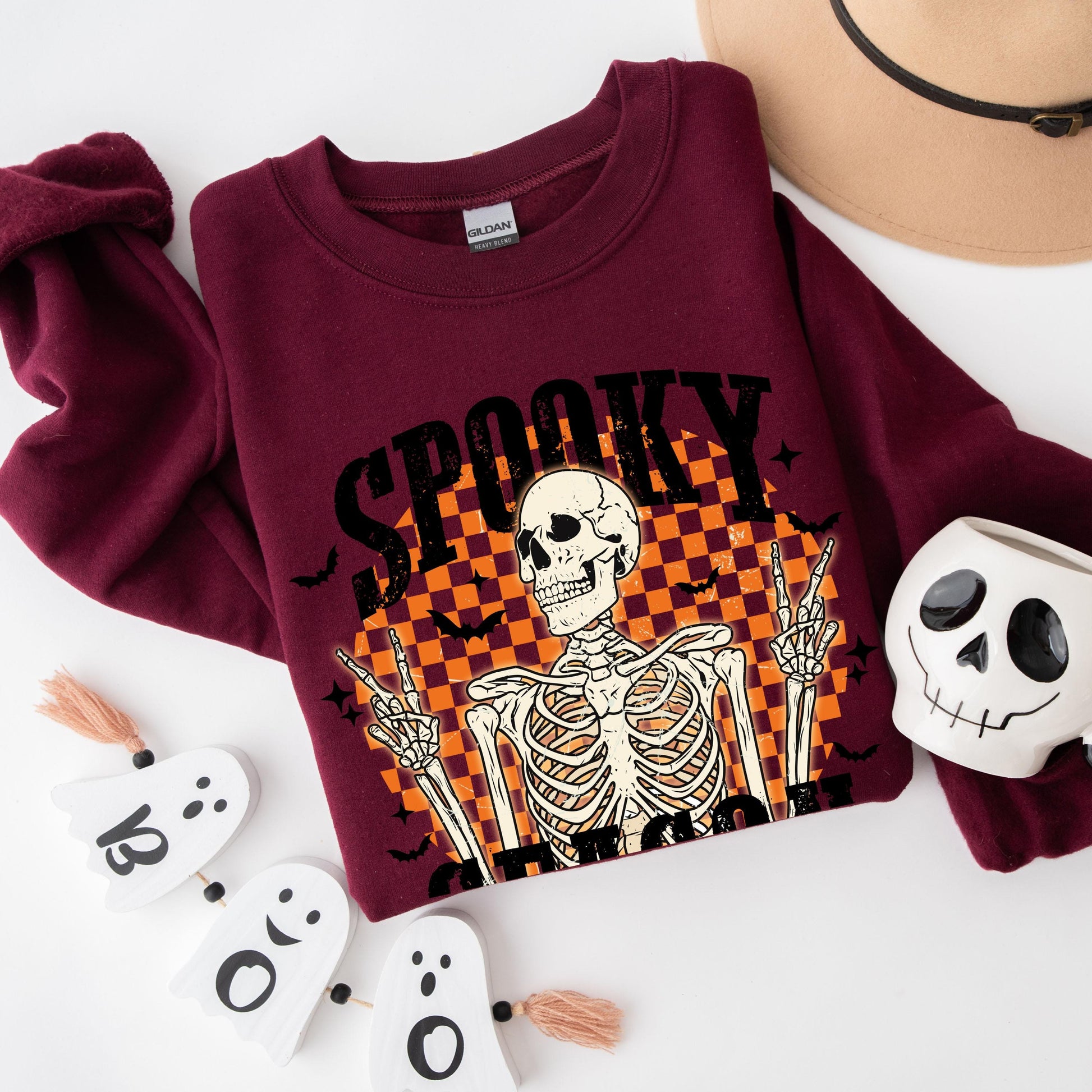 Retro Spooky Skeleton Sweatshirt, piece sign sweater, sister birthday gift, treats pumpkin spice sweatshirt, Halloween women's party gift