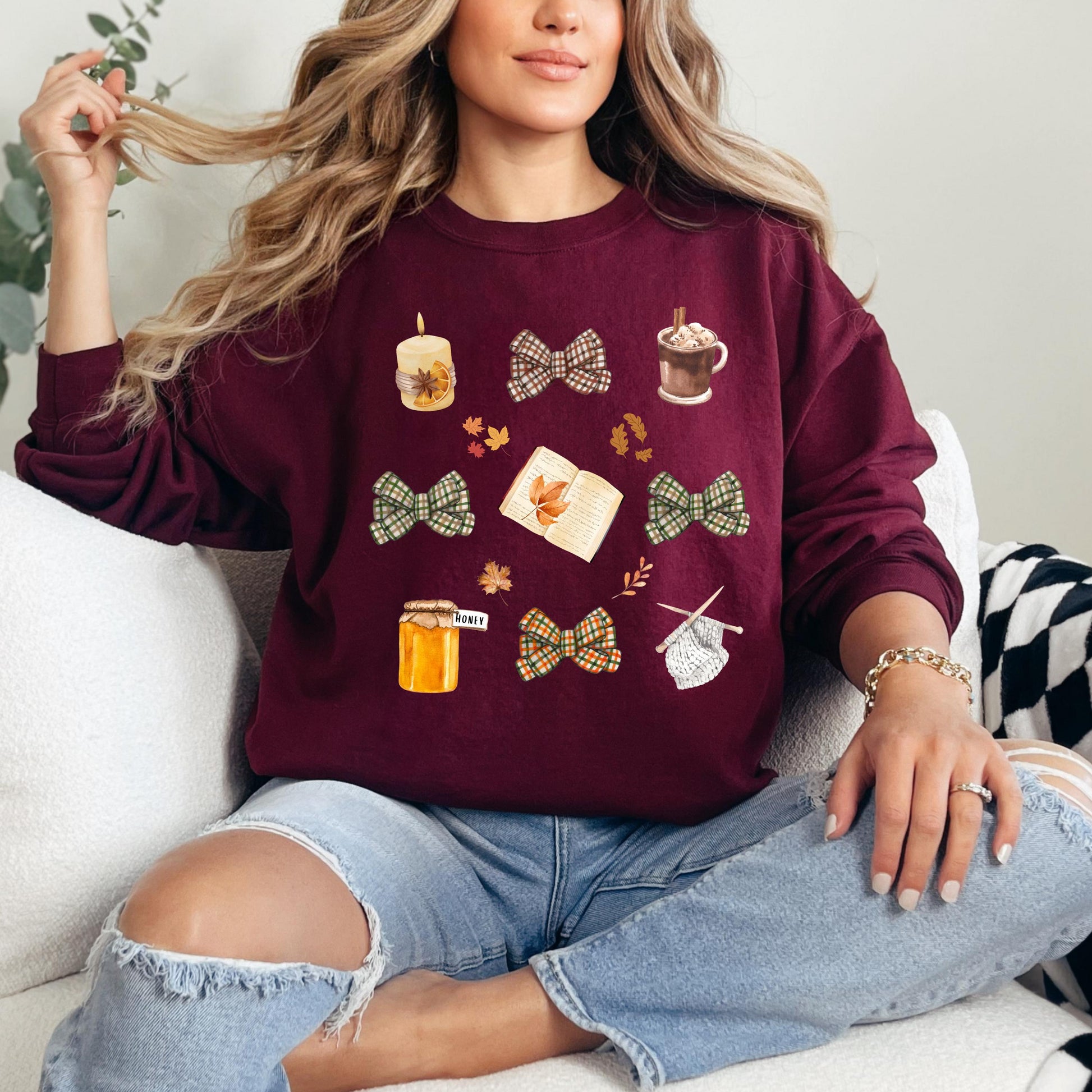 Fall Season Coquette Bow Sweater, bookish sweater library shirt, book lover gift, knitting crewneck Cottagecore librarian appreciation gift