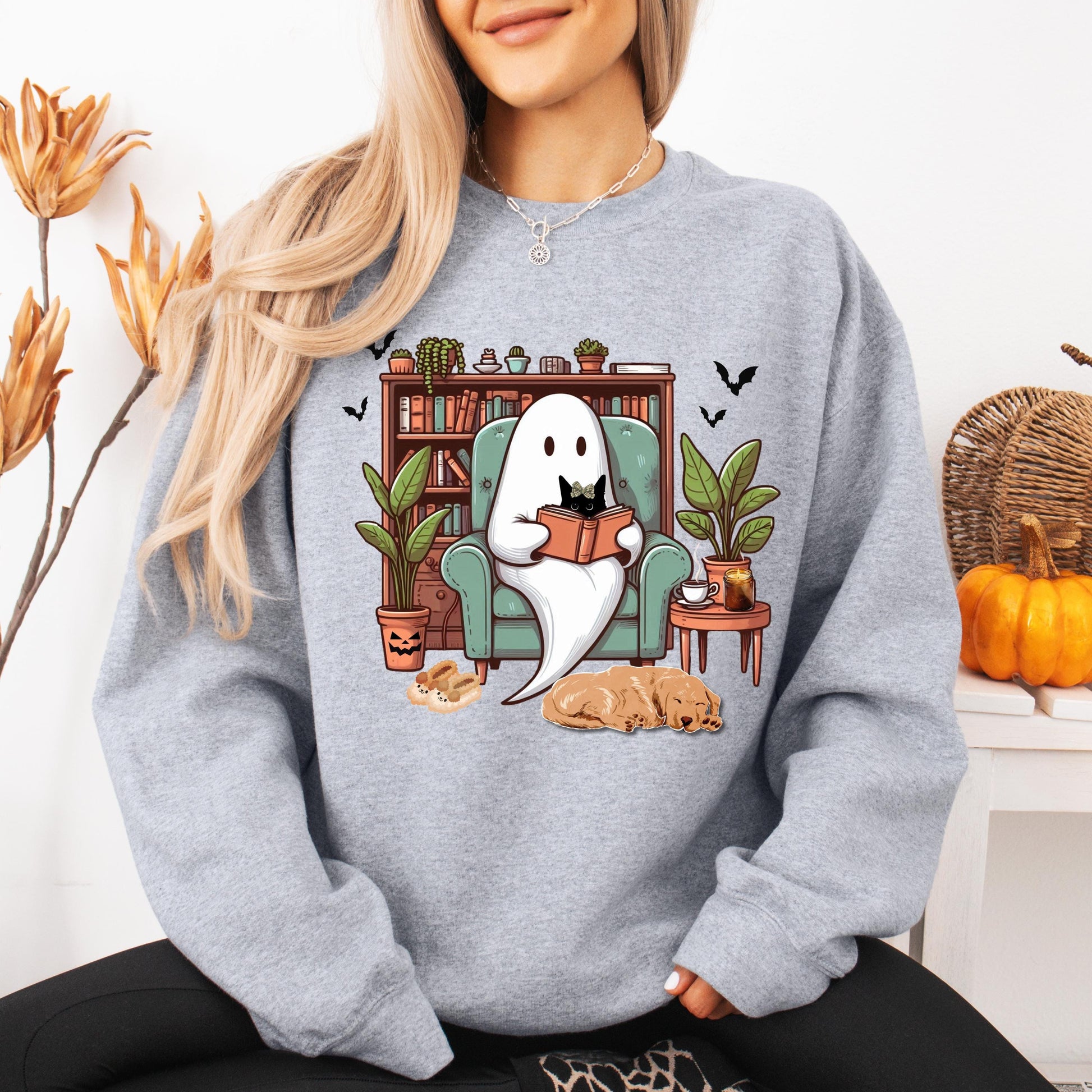 Cozy Bookish Ghost Sweater, spooky library shirt, book lover gift, reading sweatshirt cottagecore pumpkin crewneck librarian gift