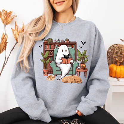 Cozy Bookish Ghost Sweater, spooky library shirt, book lover gift, reading sweatshirt cottagecore pumpkin crewneck librarian gift